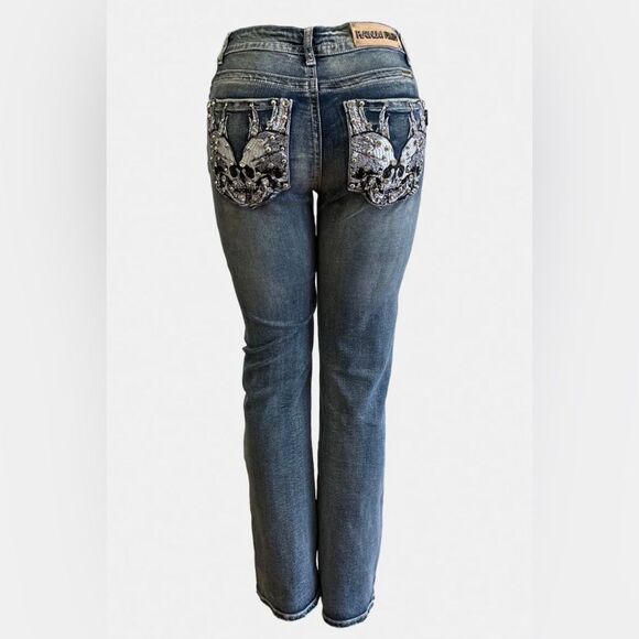 Platinum Plush Head to Head Skull Rhinestone Jeans - Picture 1 of 4
